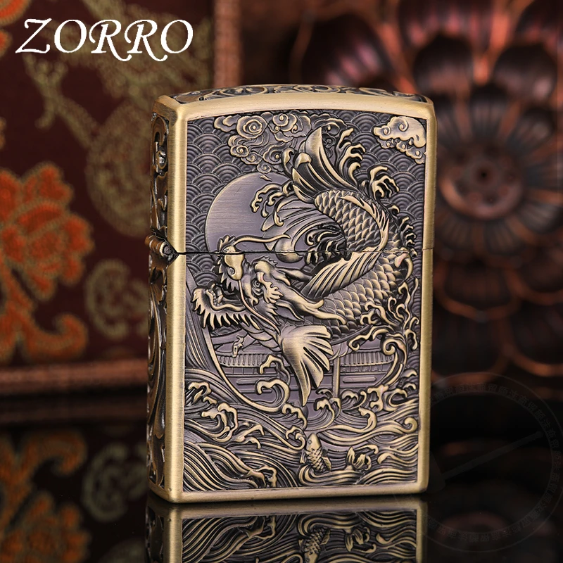 ZORRO新品国潮鱼化龙煤油金属防风打火机复古精雕盔甲机男士创意
