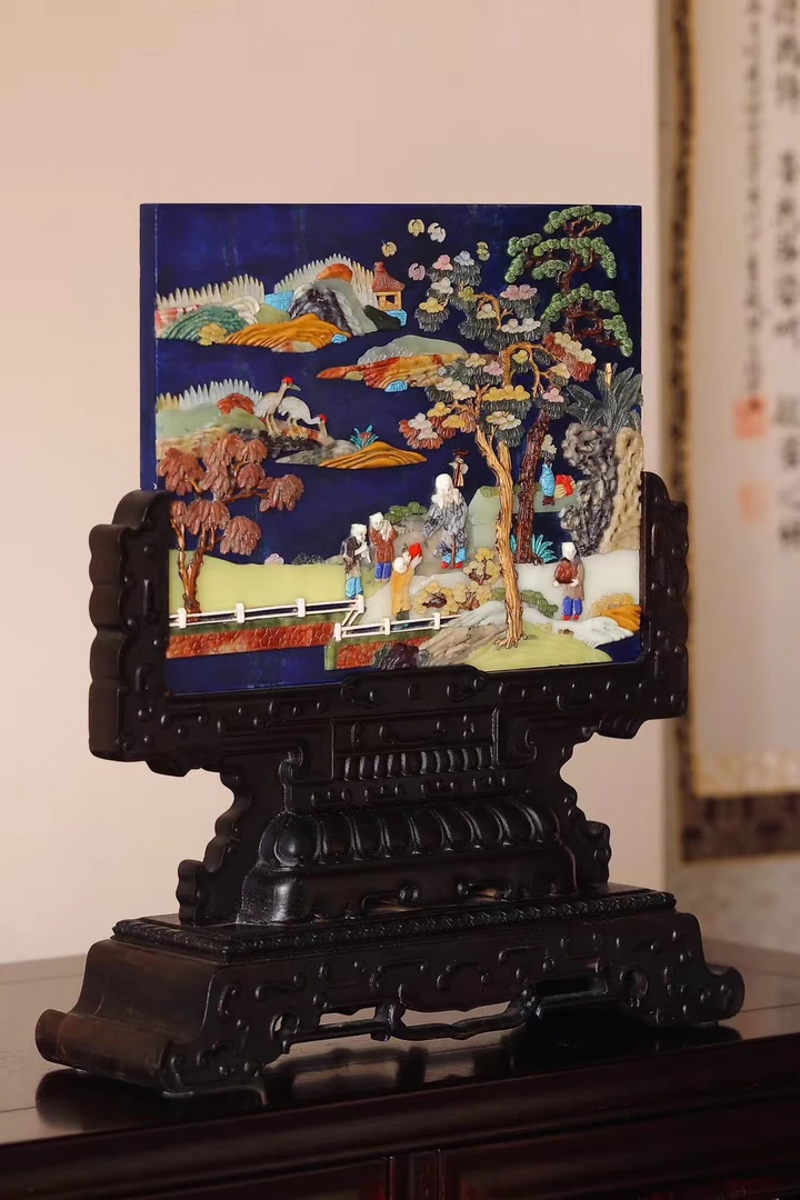 (寻隐者不遇)屏风螺钿嵌百宝