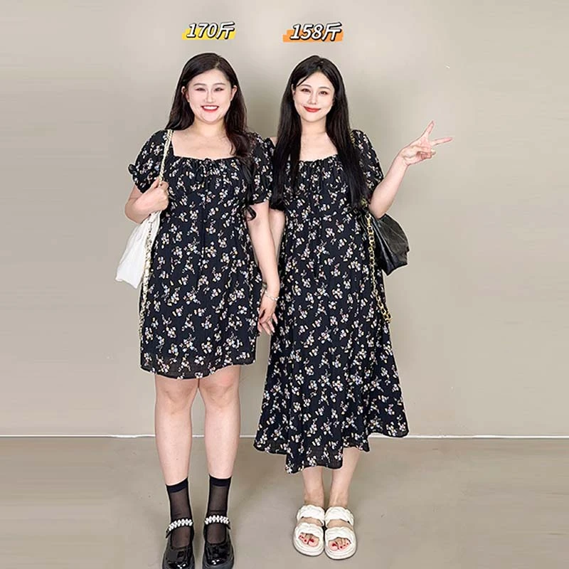 DM4772【花海】微弧的方领修饰颈部线条搭配彩色设计碎花裙