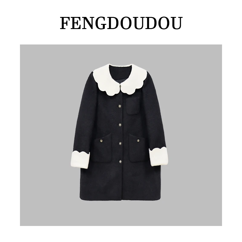 DM13706【月光华尔兹】秋冬中长款时尚撞色娃娃领长款外套