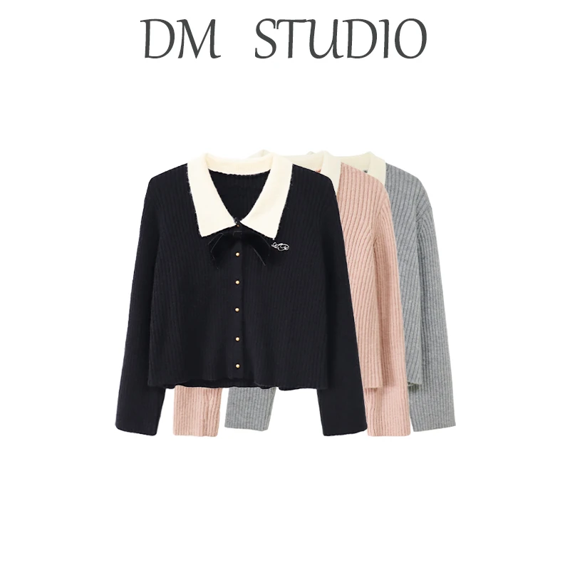 DM11797【 满分优雅】撞色小翻领蝴蝶结刺绣休闲白搭简洁毛衣