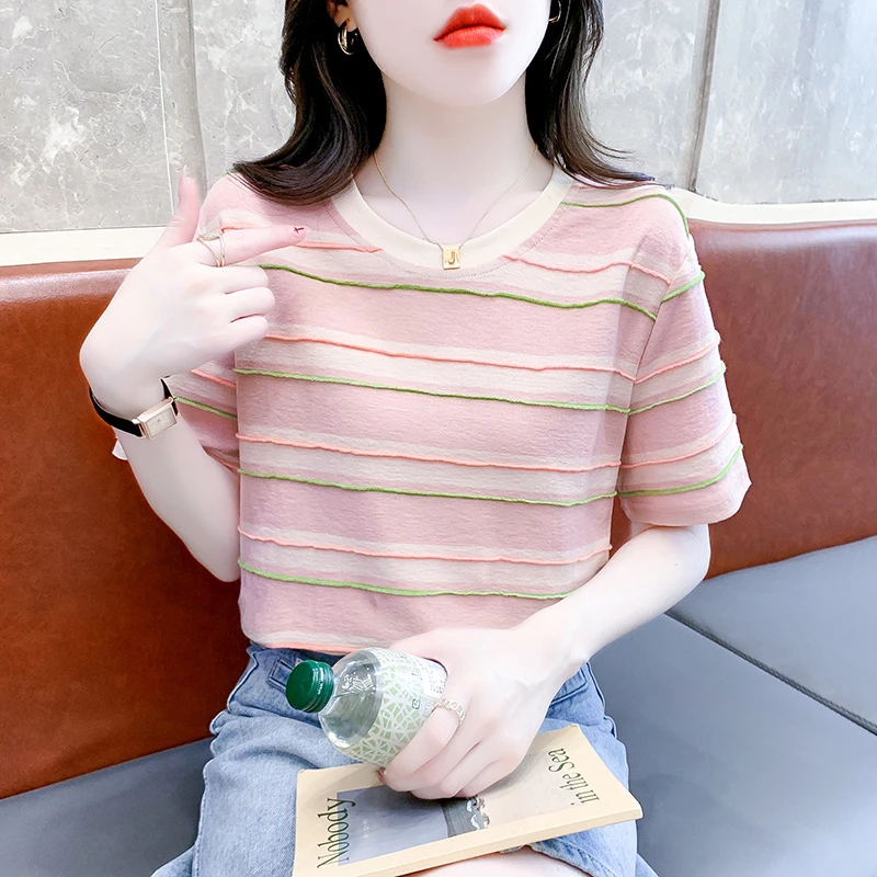 新款设计感宽松显瘦条纹上衣韩版圆领短袖T恤女士小个子