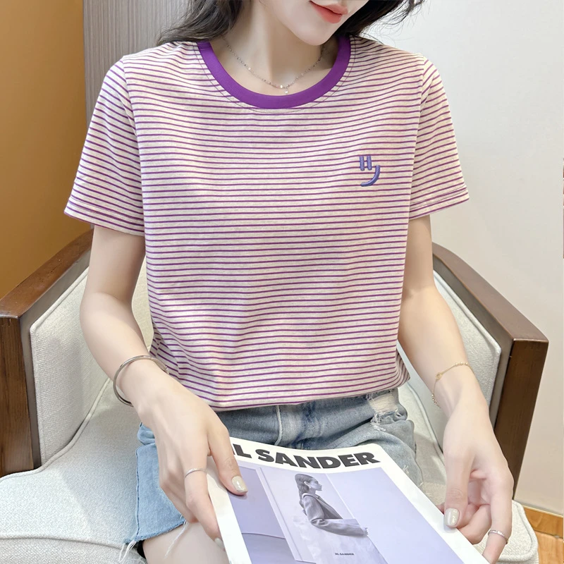 夏季新款韩版时尚百搭圆领半袖条纹洋气T恤女