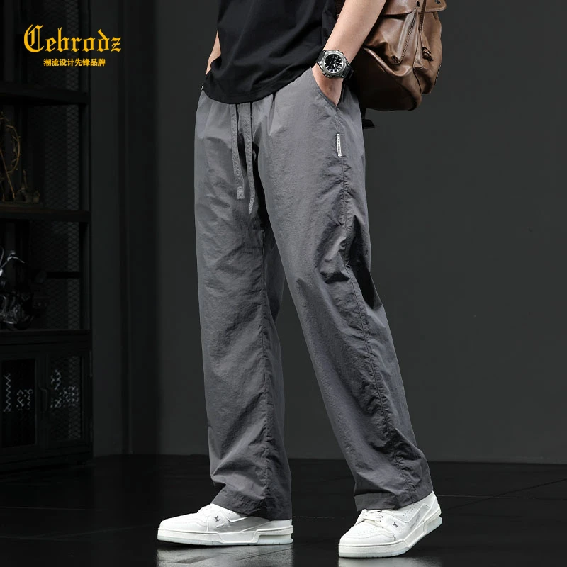 Cebrodz夏季新款冰丝休闲裤男薄款宽松运动直筒速干透气阔腿裤子