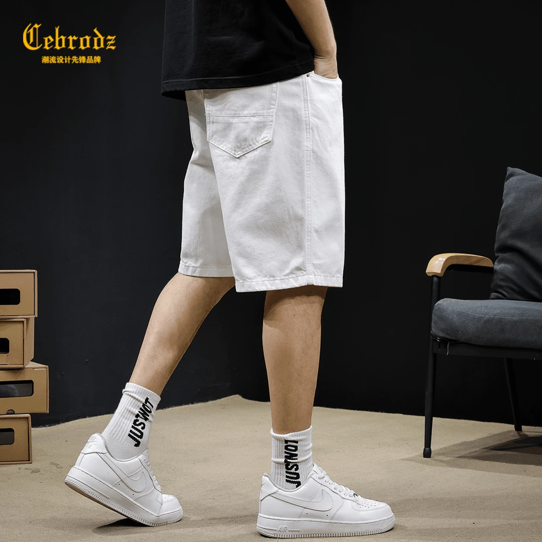 法国Cebrodz潮牌白色牛仔短裤男士夏季新款五分男裤美式直筒中裤