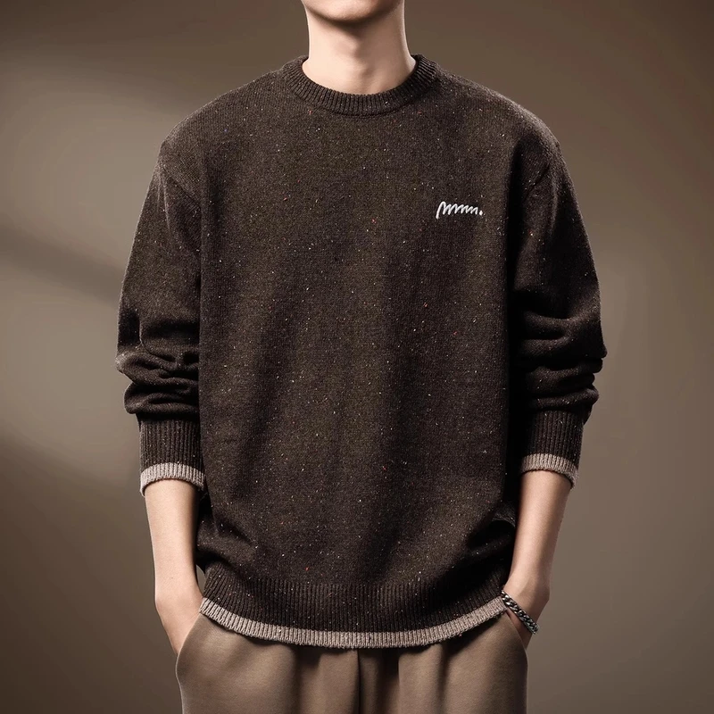 Cebrodz高端重磅假两件咖色简约毛衣男士春季新款针织衫潮流保暖