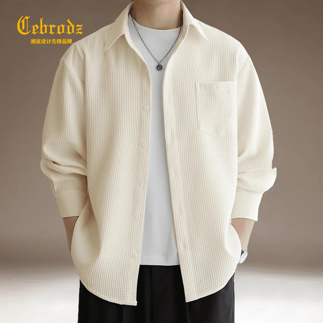 Cebrodz秋季新款长袖衬衫男士纯色时尚潮流衬衣外套华夫格