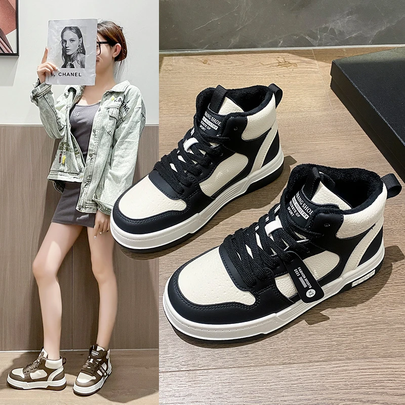 高帮加绒休闲棉鞋皮面爆款平底板鞋冬季保暖学生百搭休闲运动鞋