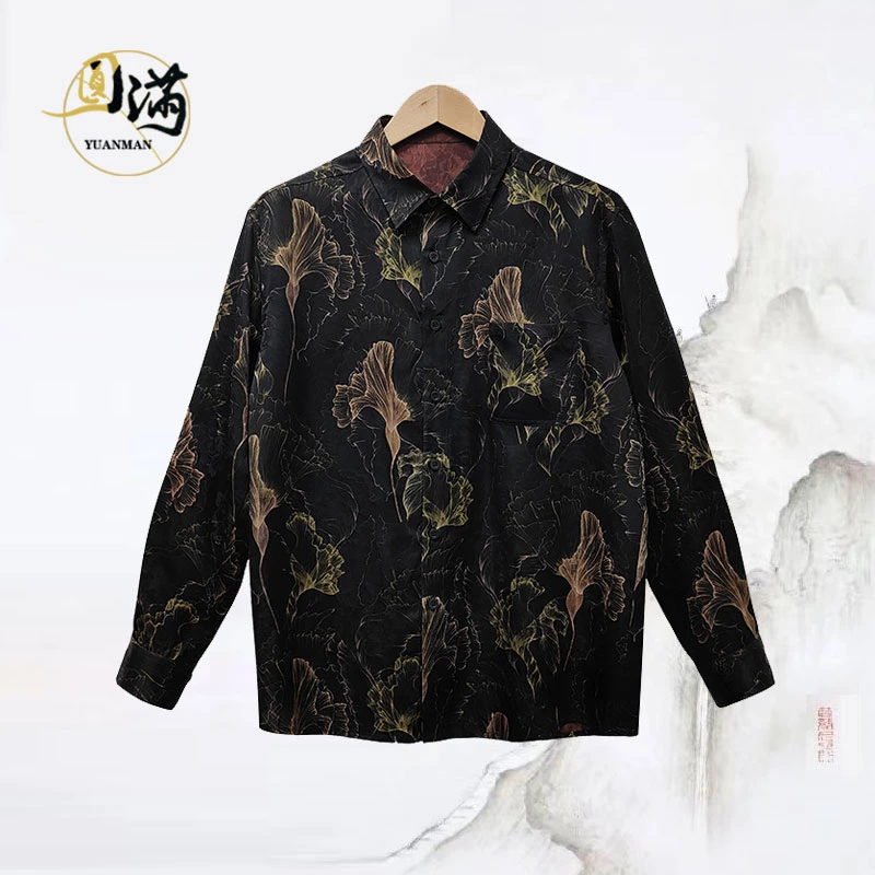 [流金岁月]圆满男装香云纱银杏纹桑蚕丝重锻翻领衬衫CS4819SX
