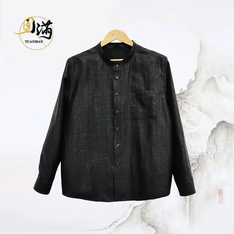 [圆满香云纱]春桑蚕丝老龟裂纹立领男款经典长袖衬衫CS1003HG