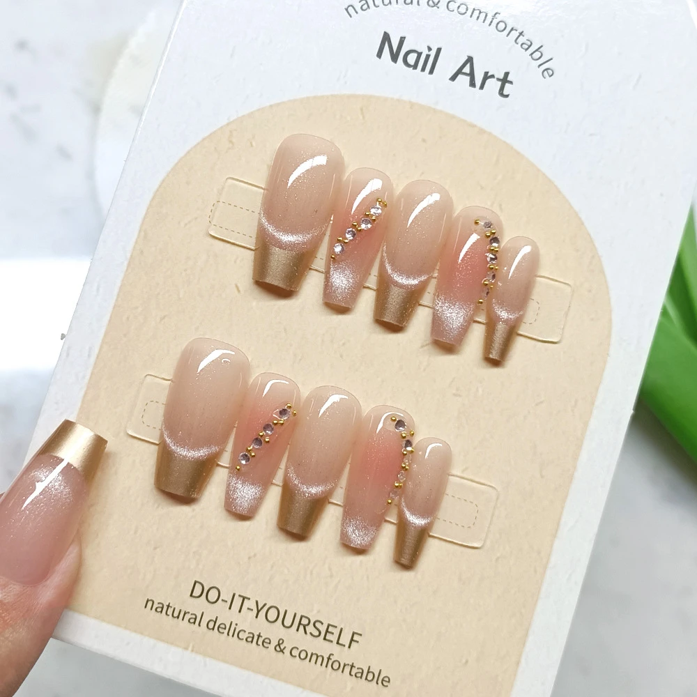 分码10片金边堆钻指甲贴 微笑法式猫眼美甲片 光疗精品手工穿戴甲