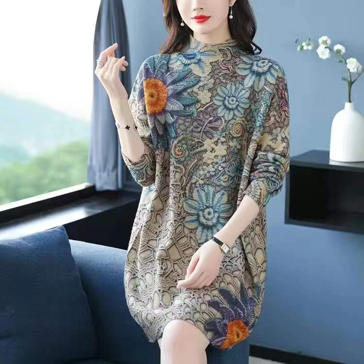 民族风半高领水貂绒中长款连衣裙宽松洋气印花毛衣新款针织衫女