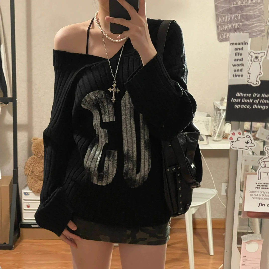 【优选推荐】美式甜辣V领露肩长袖套头毛衣秋冬百搭宽松松弛感显瘦