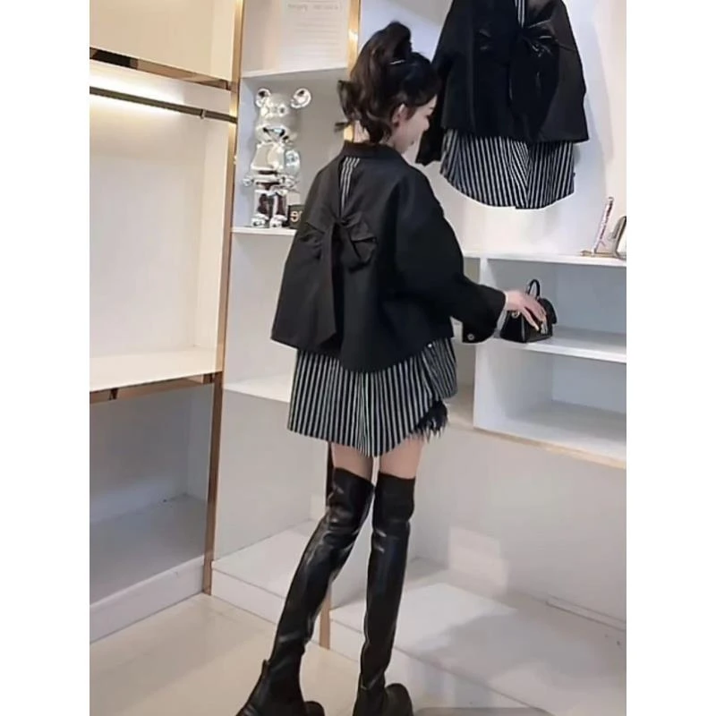 蝴蝶结外套女2025秋季新款宽松高级设计感拼接条纹时尚短款风衣