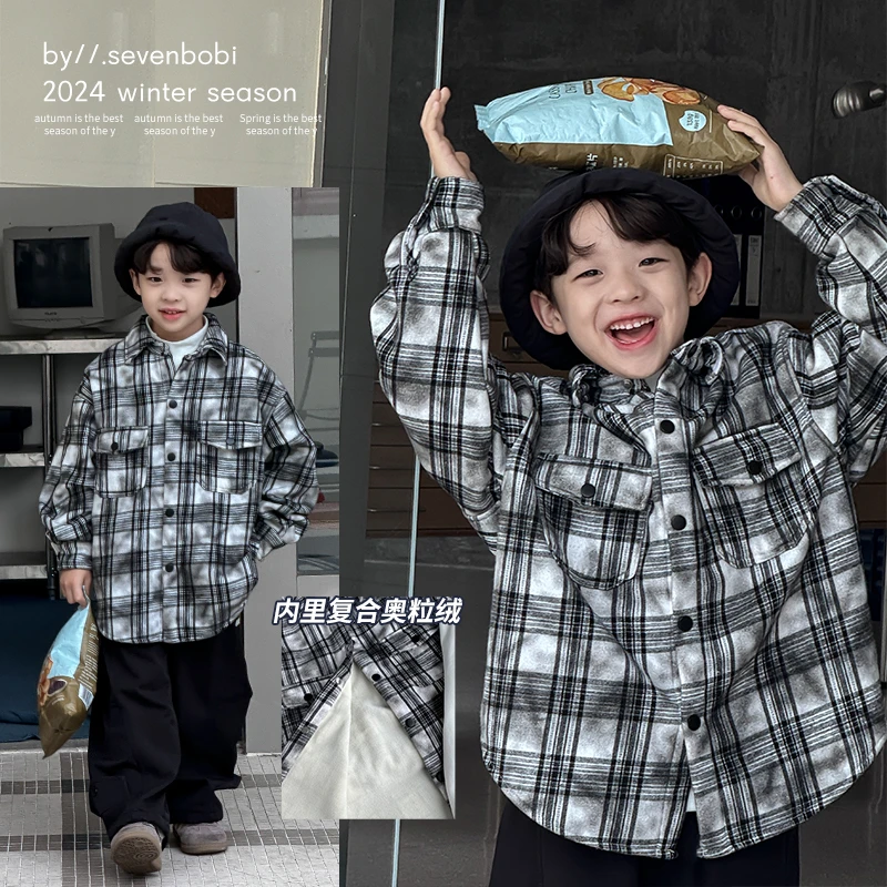 【现货】男童格子衬衫秋冬加绒加厚儿童韩版衬衣2024新款童装上衣
