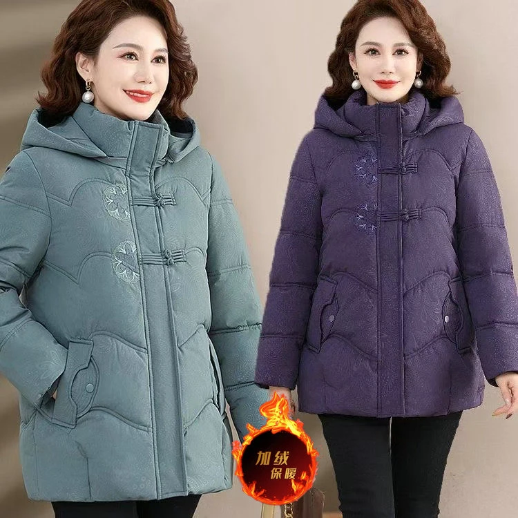冬季加绒棉服妈妈装加厚保暖棉衣外套洋气国风中老年人女大码棉袄
