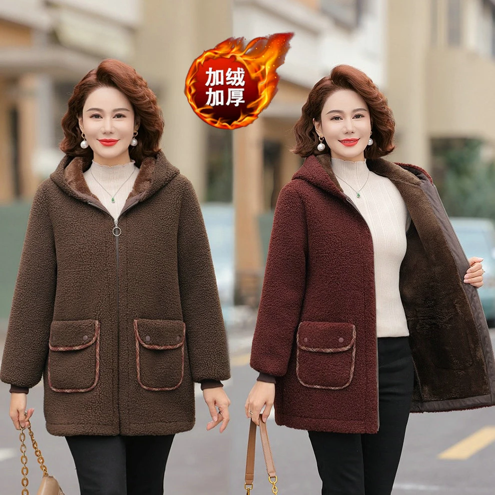 妈妈装冬季羊羔绒棉衣加绒加厚中老年女装颗粒绒保暖连帽棉服外套