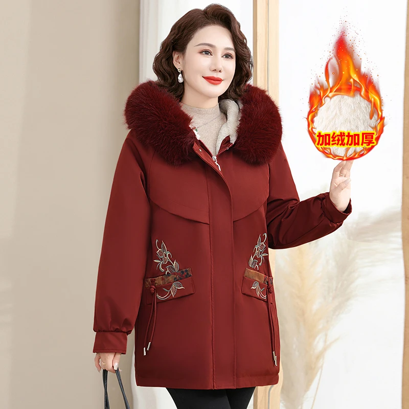 冬季新款棉衣中老年女装加绒加厚派克服阔太太妈妈装连帽棉服外套