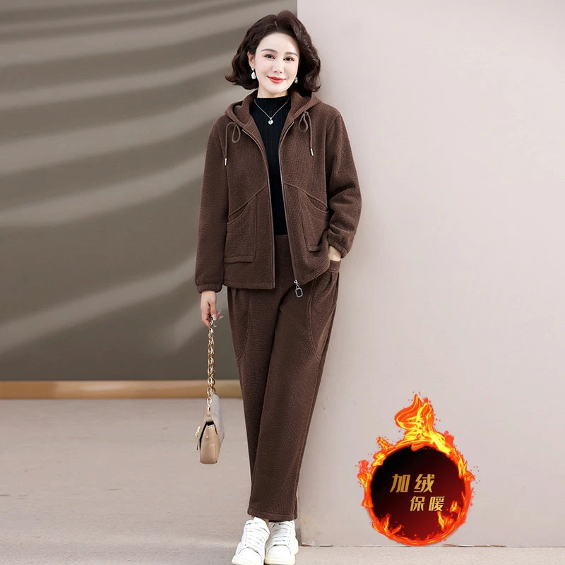 秋冬季妈妈装加绒套装时尚休闲加厚外套女新款中老年人冬装两件套