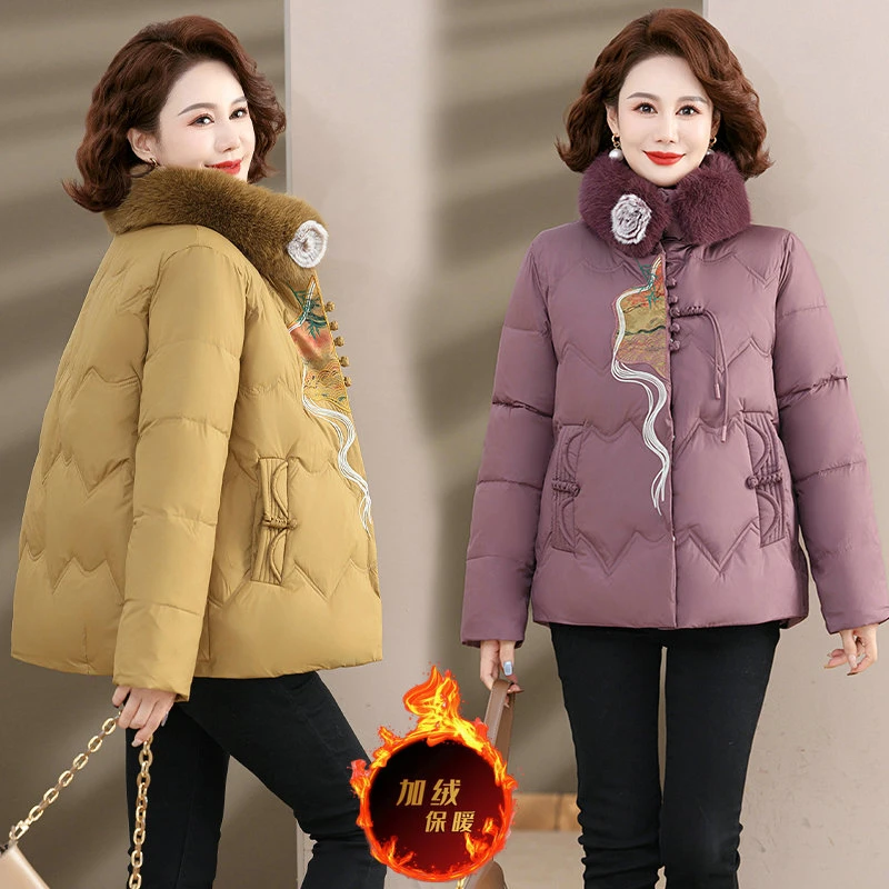 妈妈装冬季加绒棉服新款加厚保暖立领中老年女装国风盘口气质棉衣