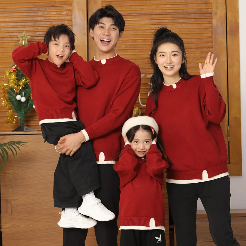 红色毛衣亲子装2025秋冬款新年过年一家三口四口母子母女装拜年服