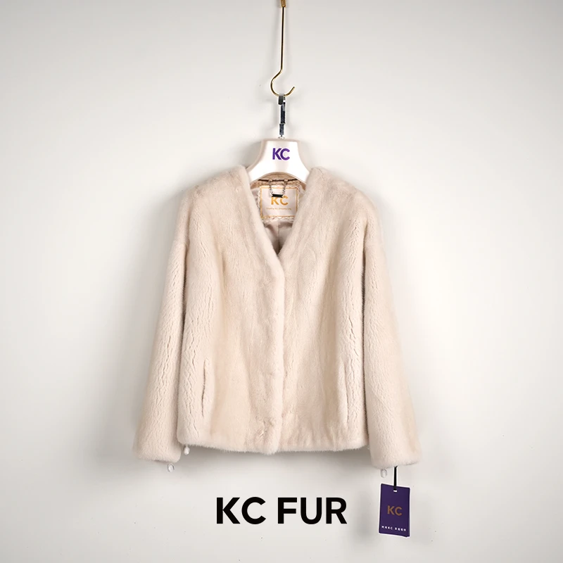 KC【KC皮草】天然皮草-白色V领散袖隐藏兜63CM
