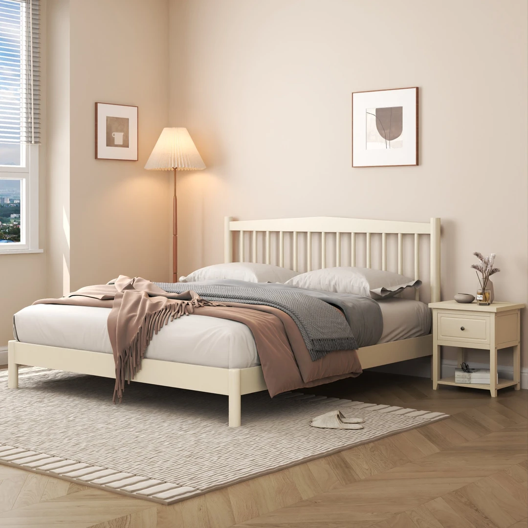 【丹丹严选】象牙白北欧实木床现代简约全实木主卧1.8m双人床1.5