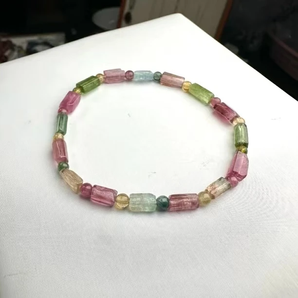 彩虹碧玺桶珠单圈手串（多样性发一）   天然杂裂矿点，完美主义慎拍