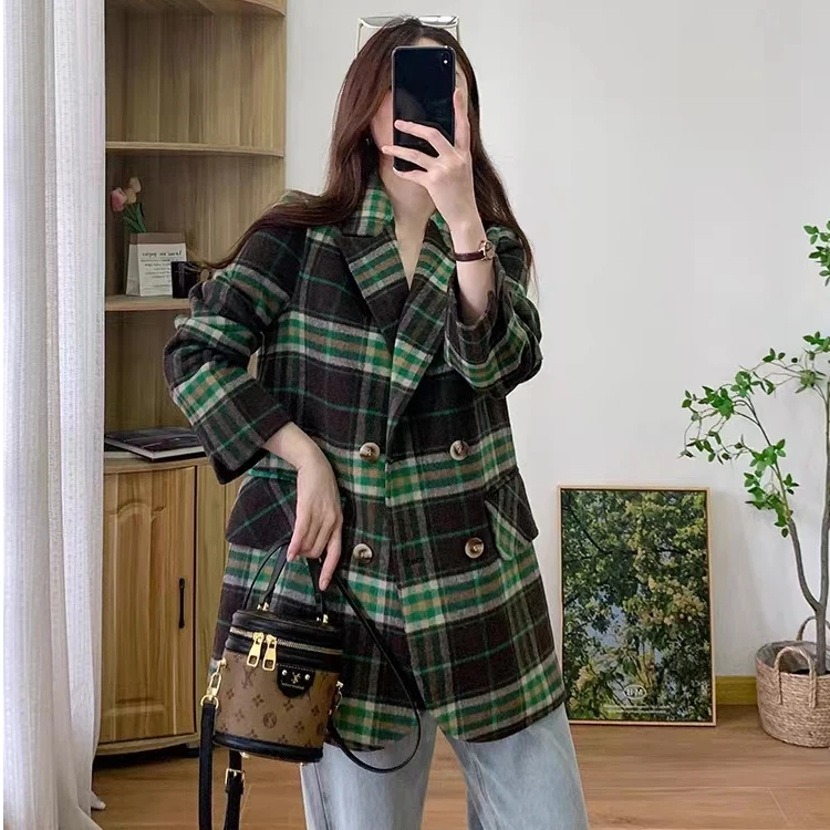 M1112绿格中长毛短款大衣女士短款百搭潮流气质时尚复古风外套