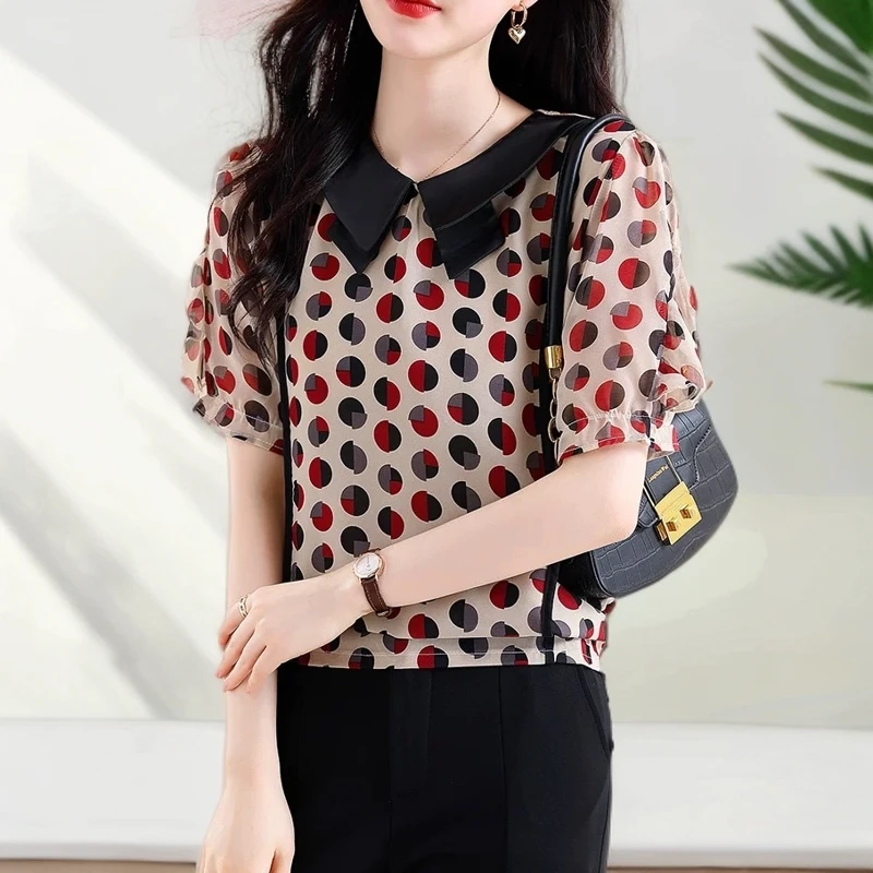 【断码特价】M1238  品牌夏款轻薄凉爽气质波点娃娃领女士小衫
