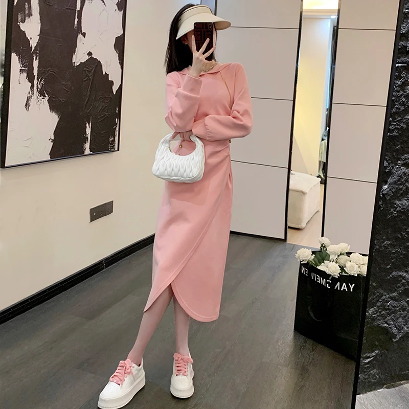 网红连帽卫衣裙女春秋2024新款收腰显瘦高级感开叉过膝长款连衣裙