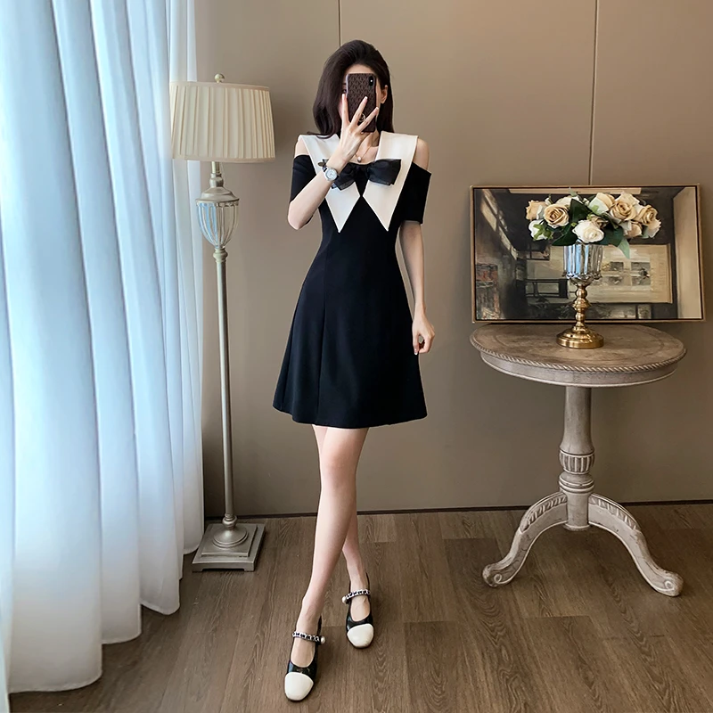 法式小个子时尚设计感撞色拼接气质显瘦连衣裙女夏辣妈减龄小黑裙