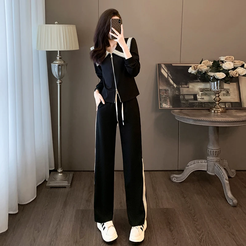 盐系黑色休闲运动套装女秋洋气减龄娃娃领卫衣高腰阔腿裤两件套潮