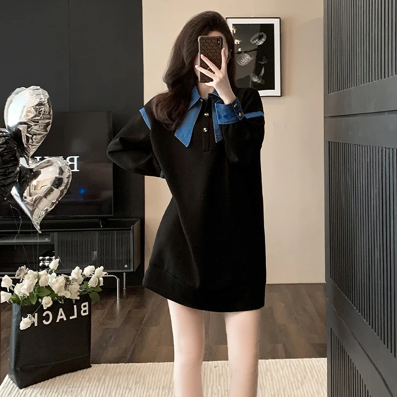 牛仔拼接长袖卫衣裙女2025春秋新款宽松减龄小个子时尚洋气连衣裙
