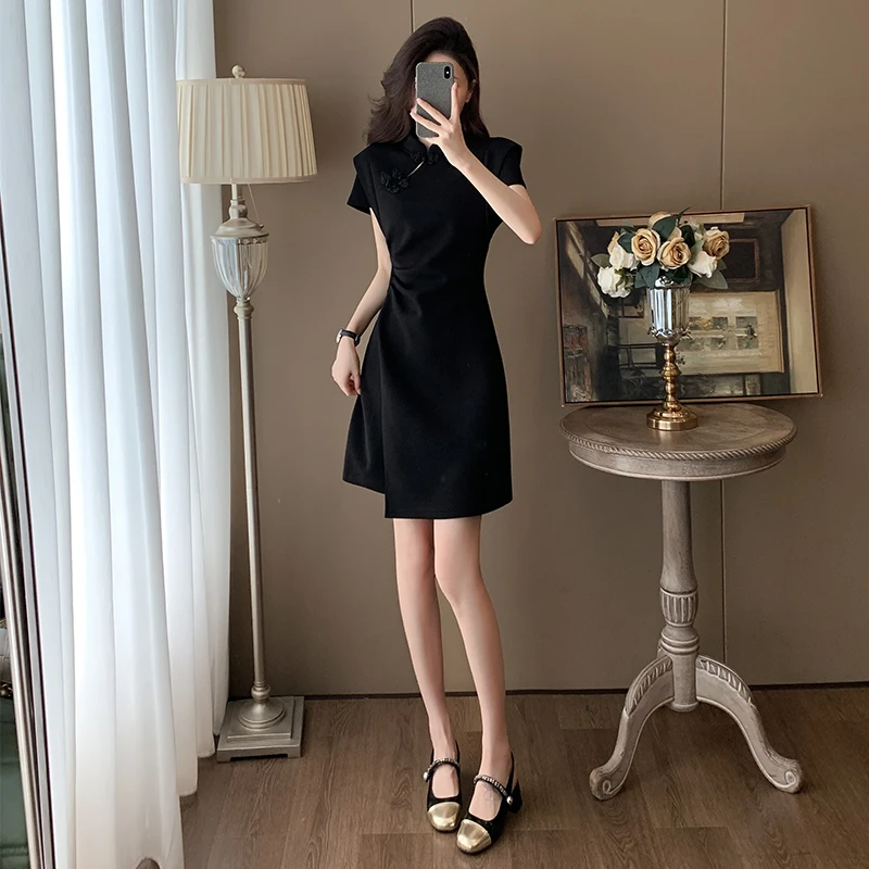 法式小众时尚设计感气质显瘦开叉连衣裙女夏季新款气质显瘦小黑裙