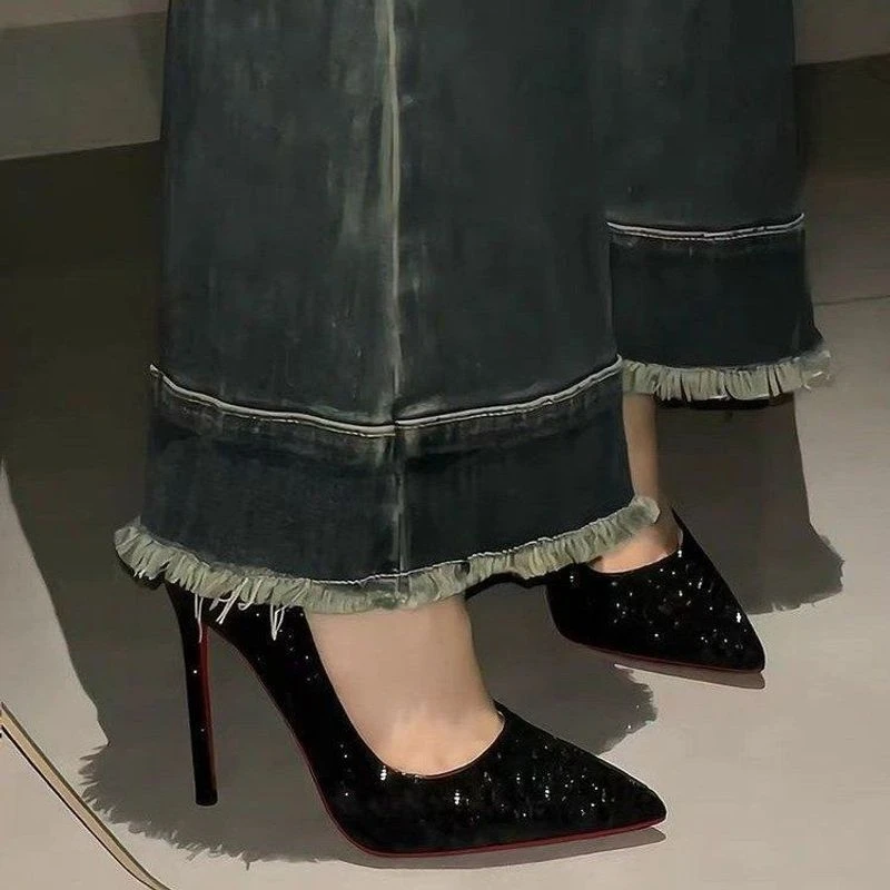黑色2023红底高跟鞋女细新款亮片水晶浅口尖头职业性感单鞋高跟鞋