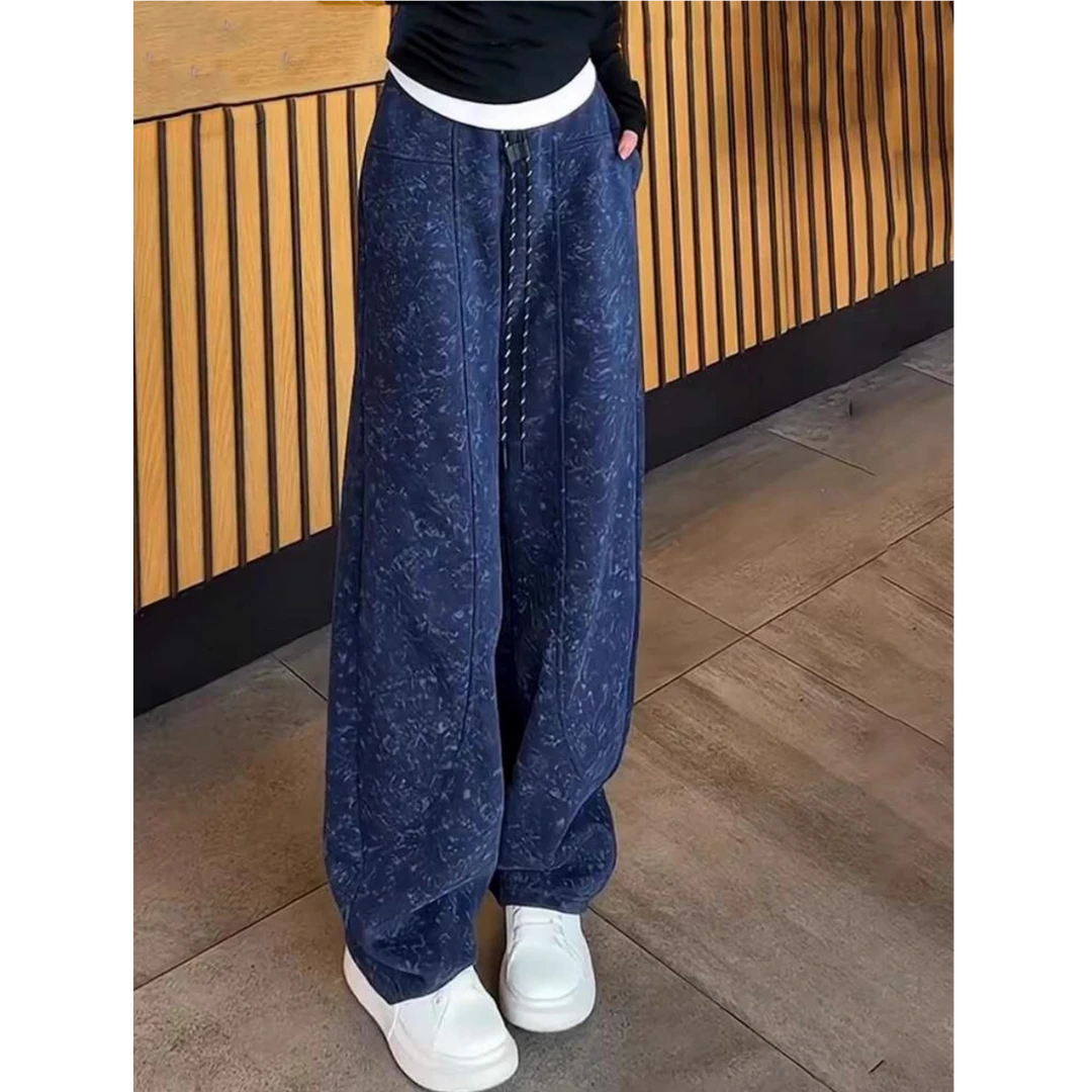 藏青色美式扎染休闲弯刀裤女款2024秋季大码胖mm高腰垂感阔腿卫裤