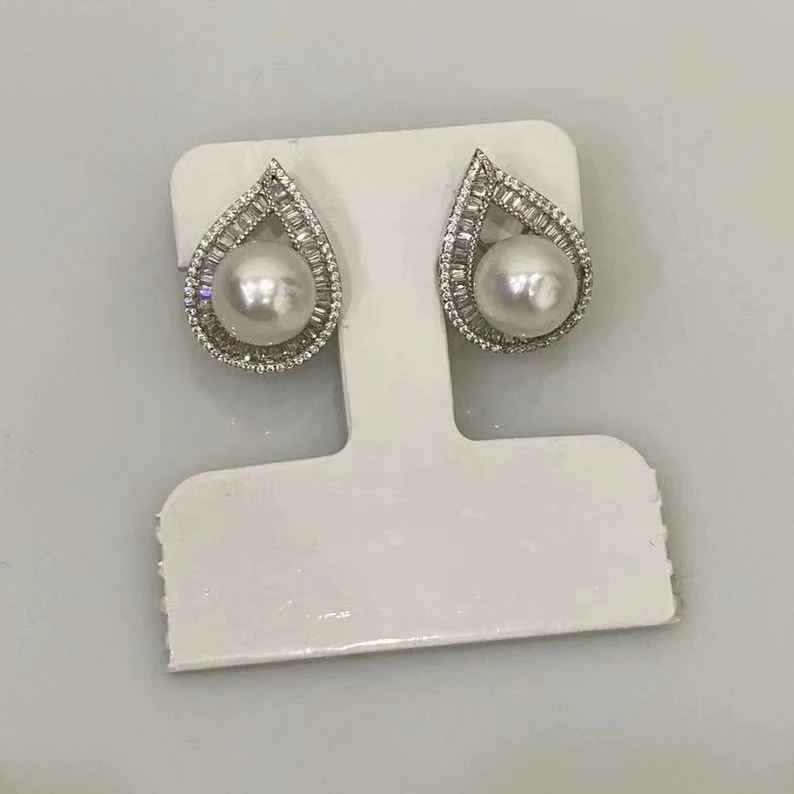 美人泪冷光澳白耳钉缎面珠光耳饰耳钉S925银9-10mm海水珍珠AB143