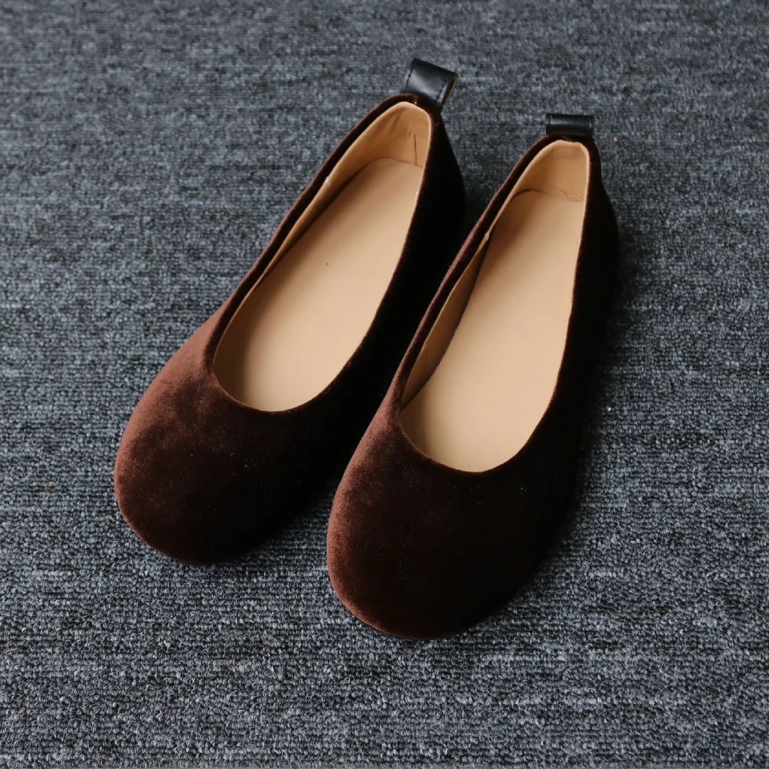 新款磨砂皮圆头浅口单鞋女春季复古软底百搭真皮平底鞋女休闲舒适