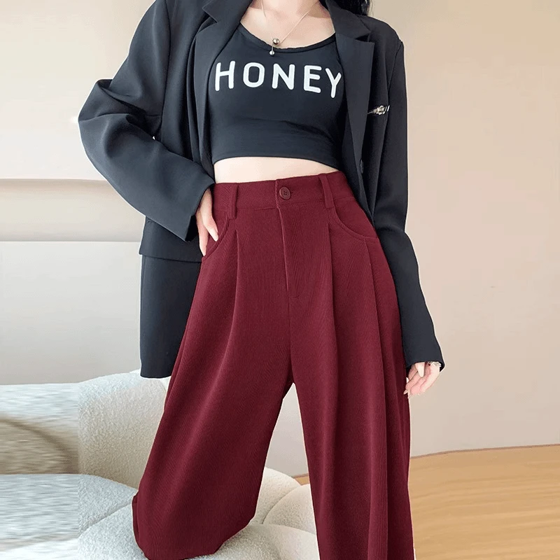 雪尼尔阔腿裤女秋冬2024新款安哥拉红色高腰加绒舒适垂感直筒长裤