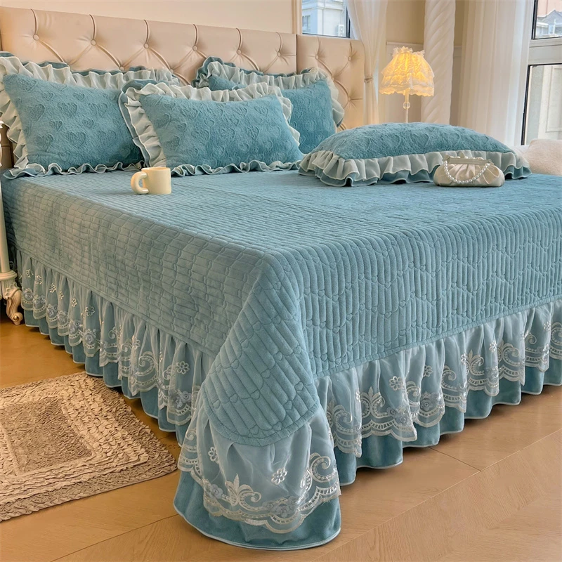 冬季加厚牛奶绒夹棉床盖单件加绒保暖榻榻米蕾丝花边床单防滑被单