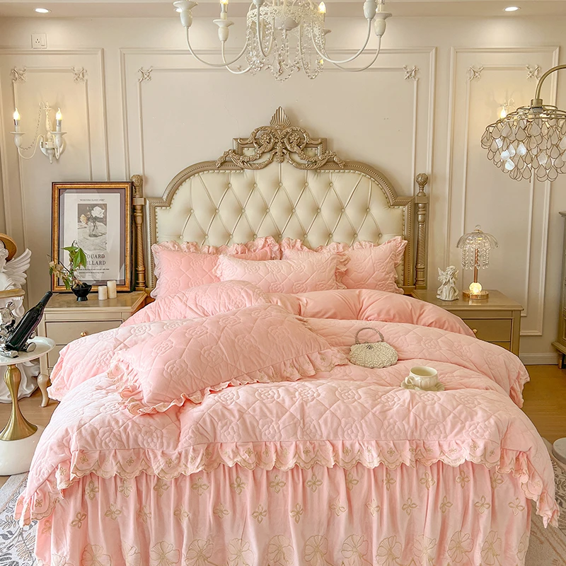 加厚保暖宝宝牛奶绒夹棉床裙四件套冬季双面绒被套刺绣花边床罩