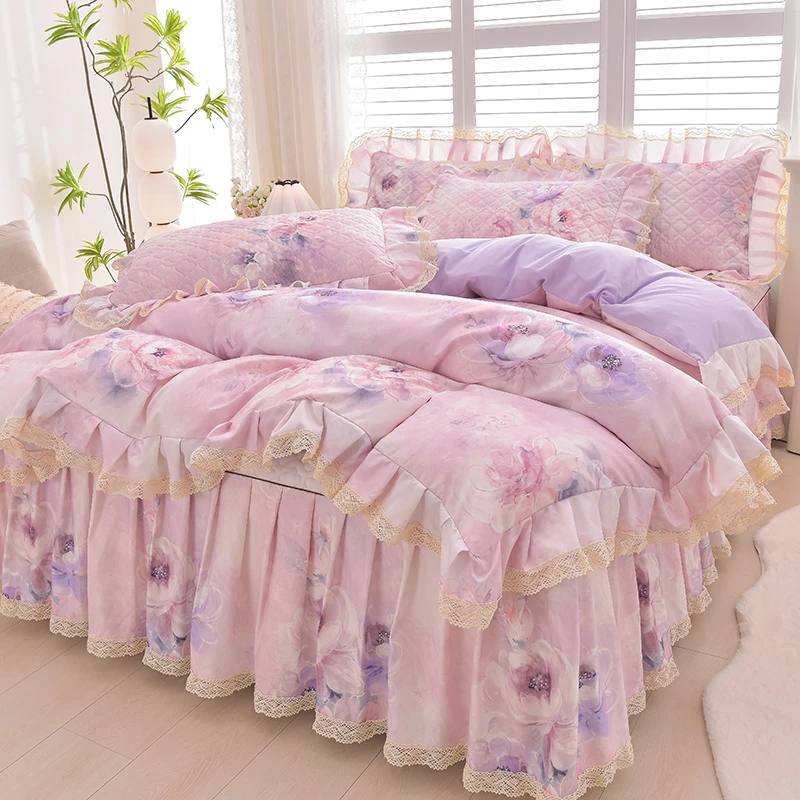 韩版夹棉床裙四件套四季加厚蕾丝花边床罩被套罩防滑床单床上用品