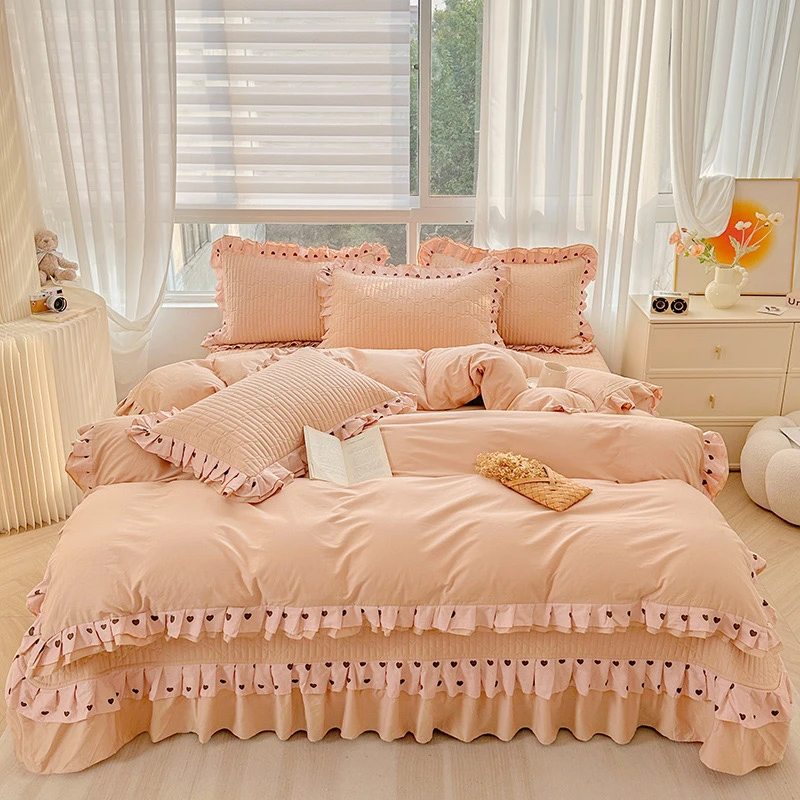 春秋100%纯棉四件套床盖款冬季全棉加厚夹棉床单花边被套床上用品