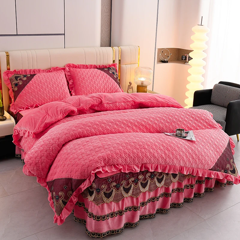 新款加厚宝宝绒床裙四件套秋冬季水晶绒夹棉蕾丝刺绣加绒保暖被套