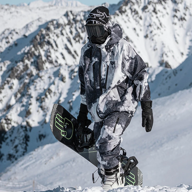 雪否 水墨印花滑雪套装加绒防水防风宽松oversize 单板全压胶套装