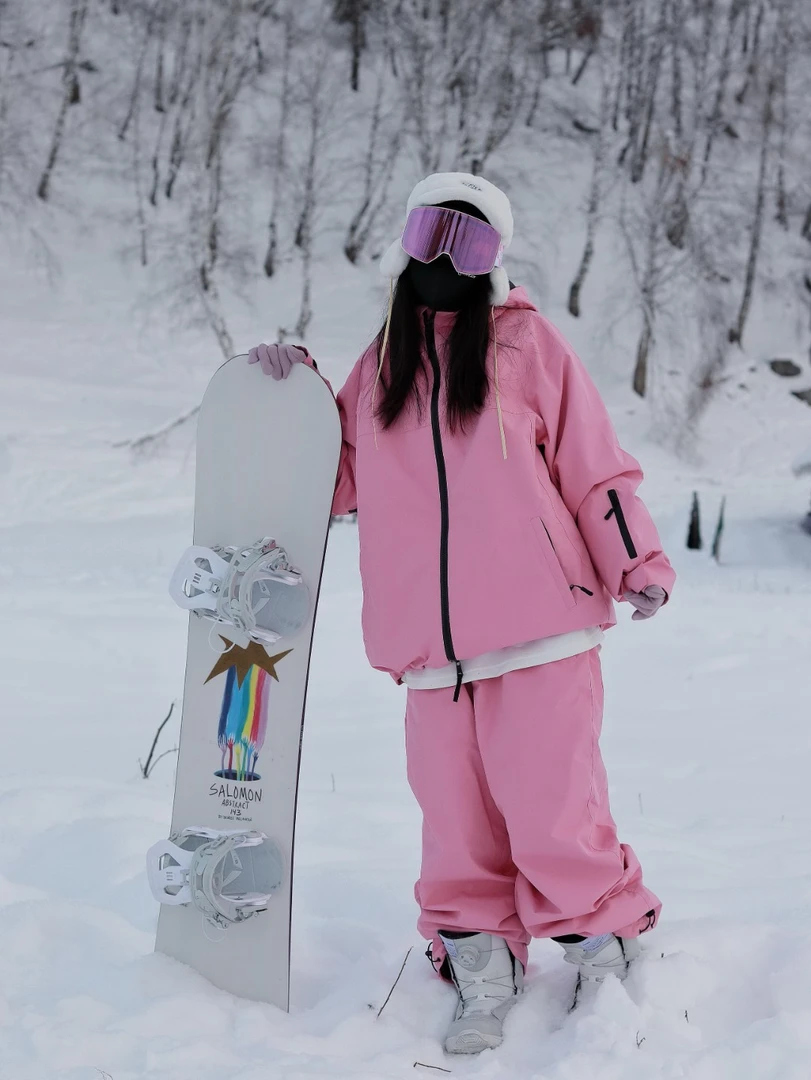 雪否 加绒粉色防水防风滑雪套装分体潮款oversize雪服单板滑雪服