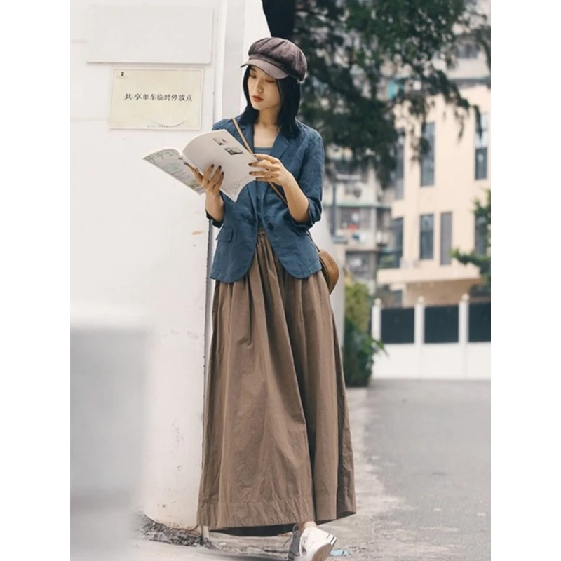 2024春季新款文艺复古卡其色褶皱半身裙女中长款裙子宽松显瘦a字