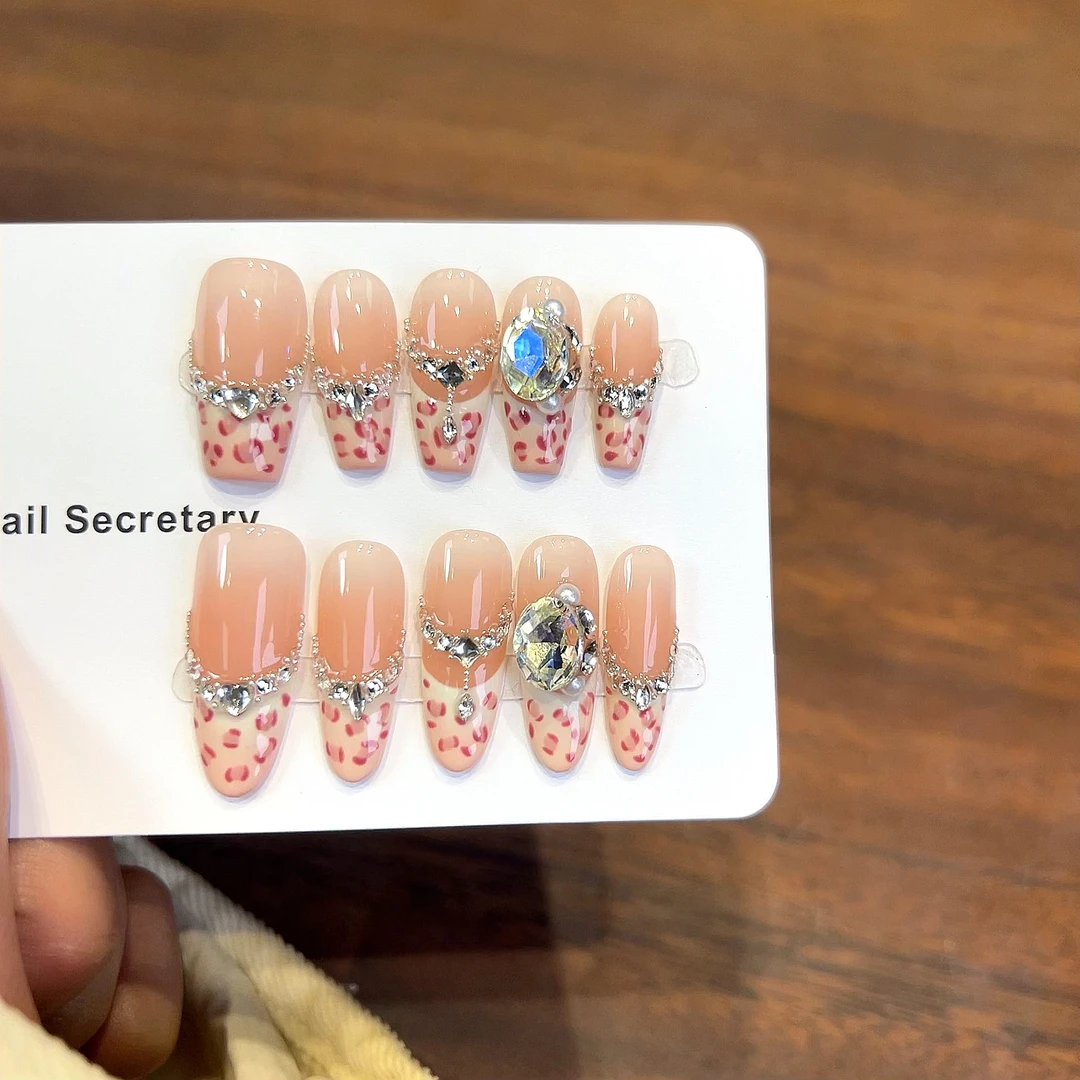 【粉红女郎】纯手工穿戴甲粉色豹纹可拆卸反复佩戴美甲片