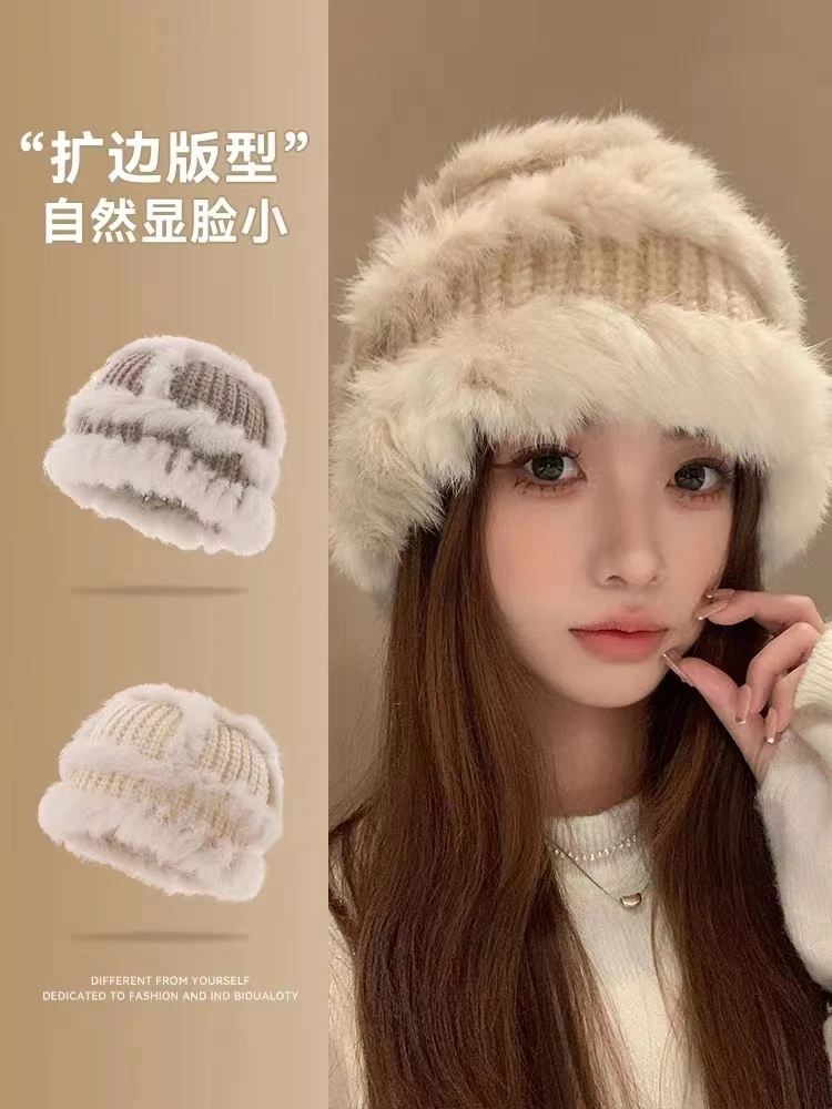真兔毛显脸小新款百搭毛茸茸氛围感醒狮帽加绒毛线针织帽好看保暖